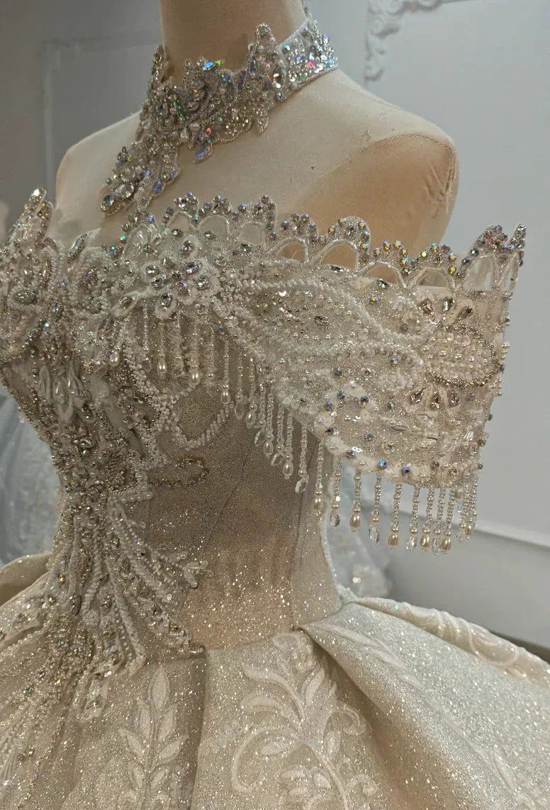Champagne Glimmer Off-Shoulder Ballgown Crystal Fringe Bust & Embroidered Train (ZD16784)