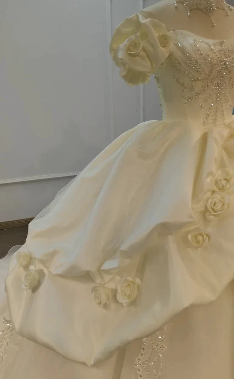 Ivory Rose Off-Shoulder Ballgown Beaded Bust & 3D Flower Skirt (ZD16785)