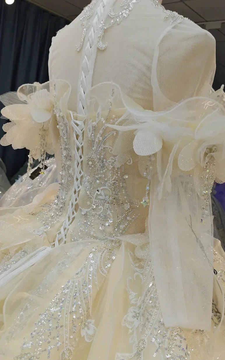 Cream Shimmer Off-Shoulder Ballgown Crystal-Embroidered Skirt & Fringed Collar (ZD16786)