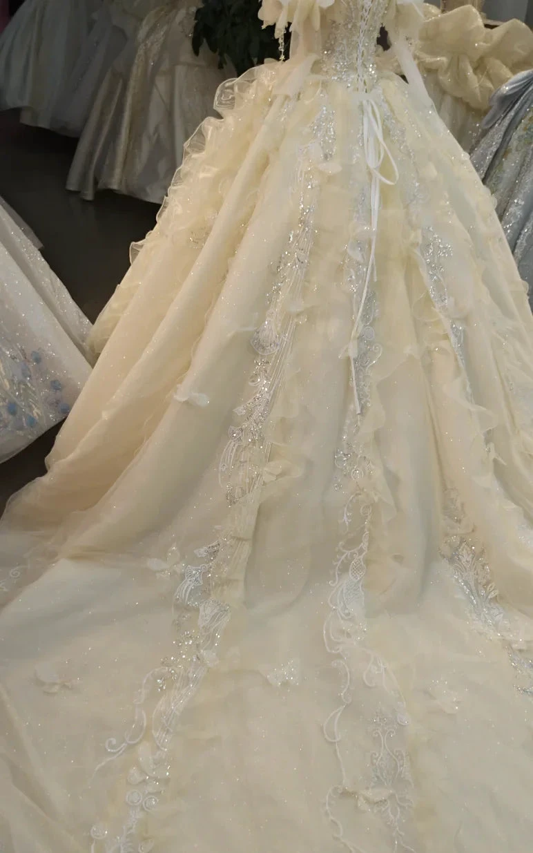 Cream Shimmer Off-Shoulder Ballgown Crystal-Embroidered Skirt & Fringed Collar (ZD16786)