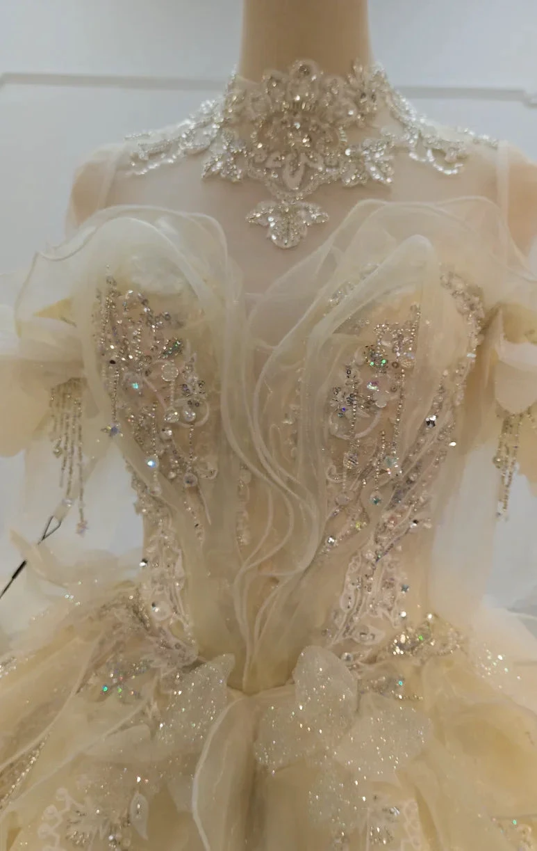 Cream Shimmer Off-Shoulder Ballgown Crystal-Embroidered Skirt & Fringed Collar (ZD16786)