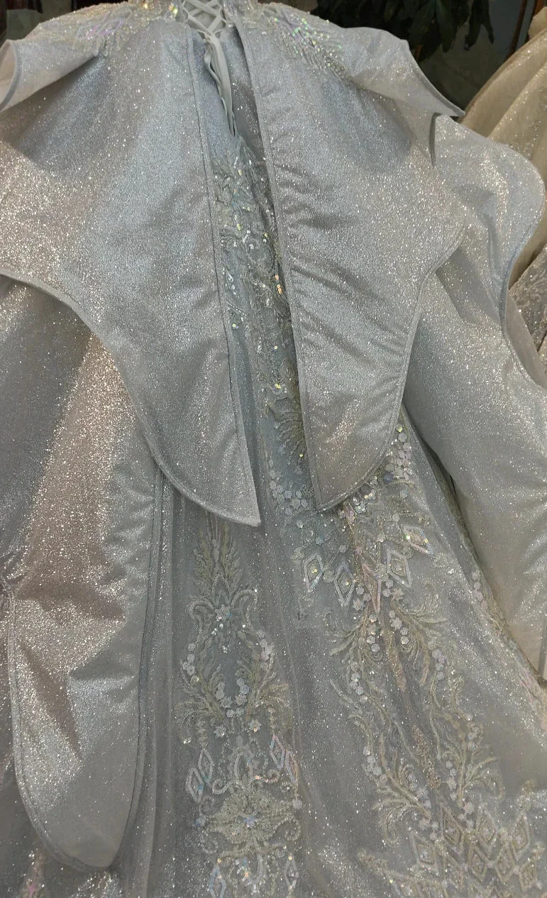 Silver Glitz Cap-Sleeve Ballgown Iridescent Beaded Bust & Sculptural Tiered Skirt (ZD16788)