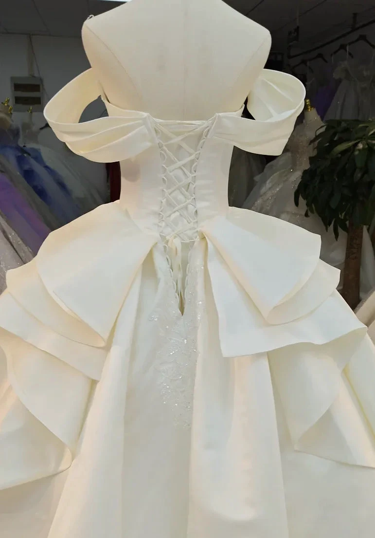 Ivory Lustre Off-Shoulder Ballgown Pearl-Embroidered Bodice & Cathedral Satin Train (ZD16789)