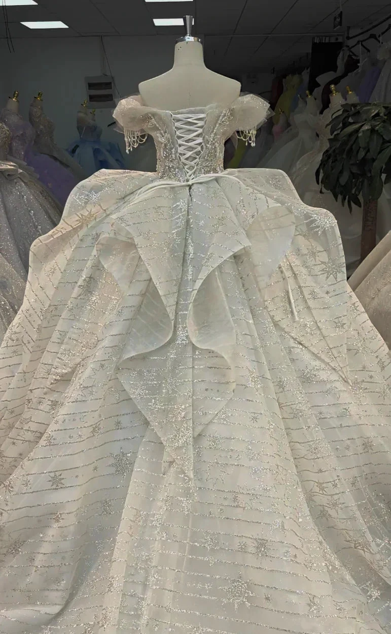 Ivory Starlight Off-Shoulder Ballgown Celestial Sequin Skirt & Beaded Tassel Bodice (ZD16790)