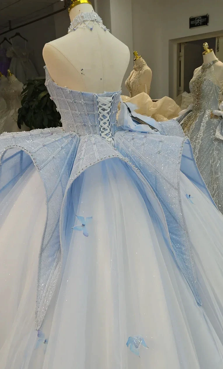 Enchanting Light Blue Ball Gown Strapless Beaded Mesh Wedding Dress with 3D Butterfly Accents Ye-2016 (ZD16793)