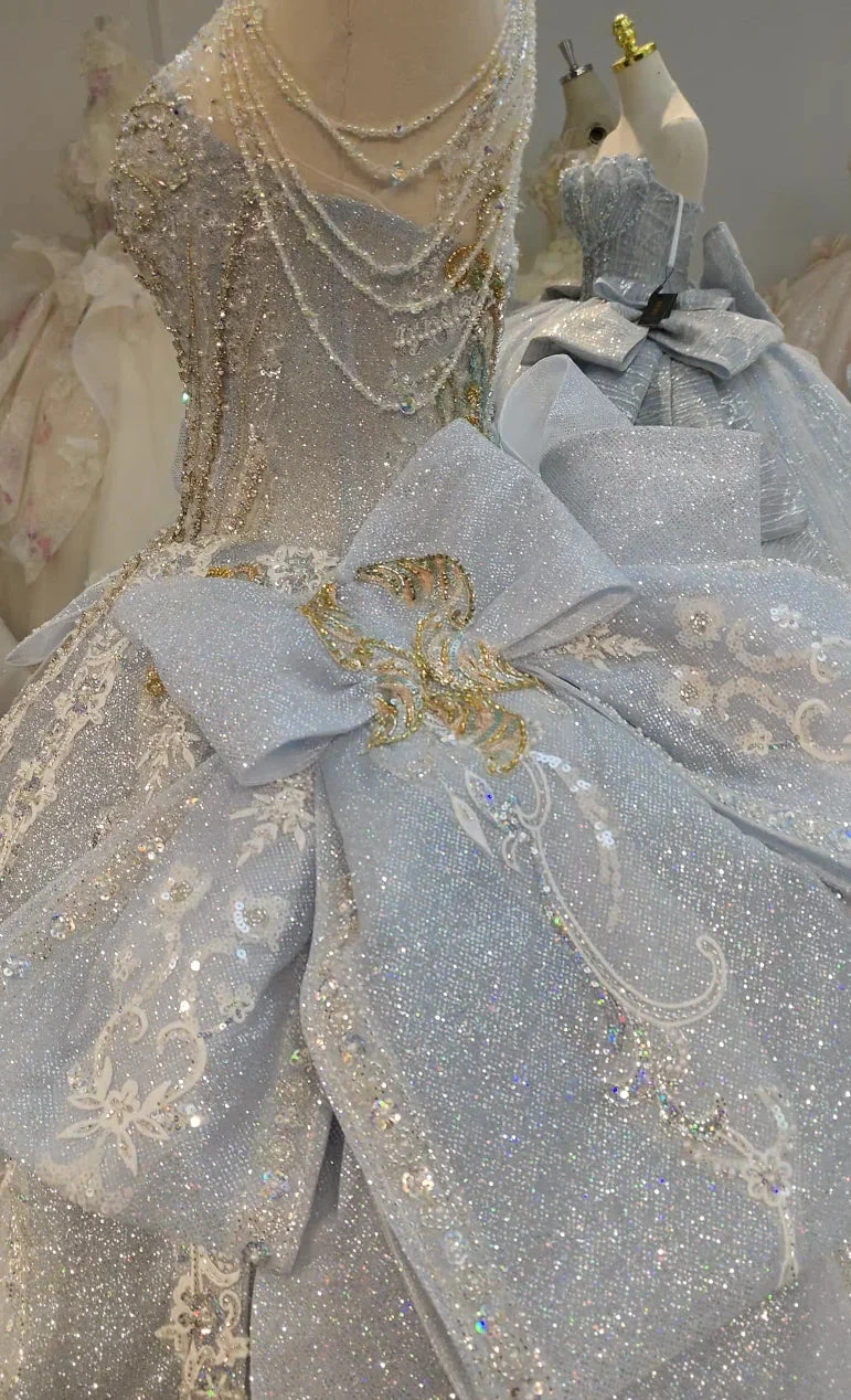 Regal Silver-Gold Ball Gown Halter Neck Beaded Embroidery Wedding Dress with Oversized Bows Ye-2018 (ZD16795)