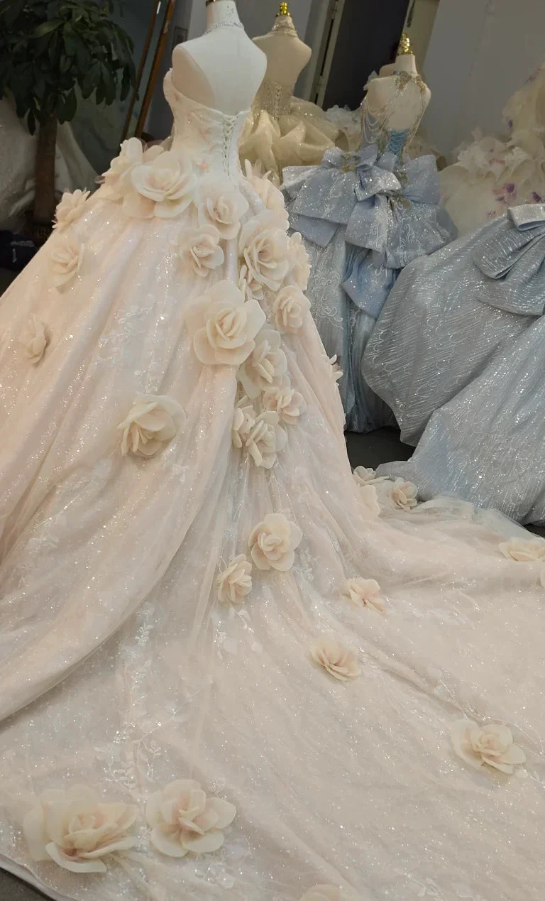 Romantic Blush Ball Gown Strapless 3D Rose Embellished Beaded Wedding Dress with Sparkling Train Ye-2019 (ZD16796)