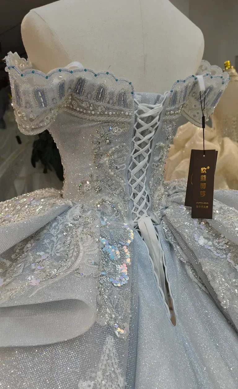 Gorgeous Silver Sequin Off-the-Shoulder Ball Gown Wedding Dress with Crystal Embroidery & Giant Bow Train Ye-2020 (ZD16800)