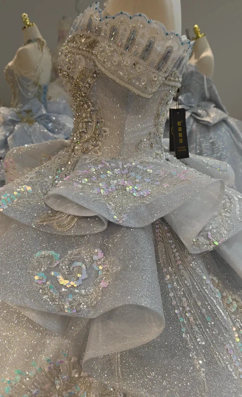 Gorgeous Silver Sequin Off-the-Shoulder Ball Gown Wedding Dress with Crystal Embroidery & Giant Bow Train Ye-2020 (ZD16800)
