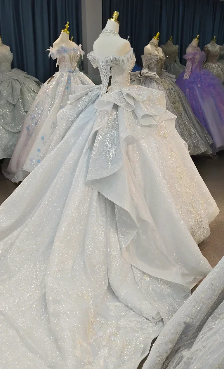 Gorgeous Silver Sequin Off-the-Shoulder Ball Gown Wedding Dress with Crystal Embroidery & Giant Bow Train Ye-2020 (ZD16800)