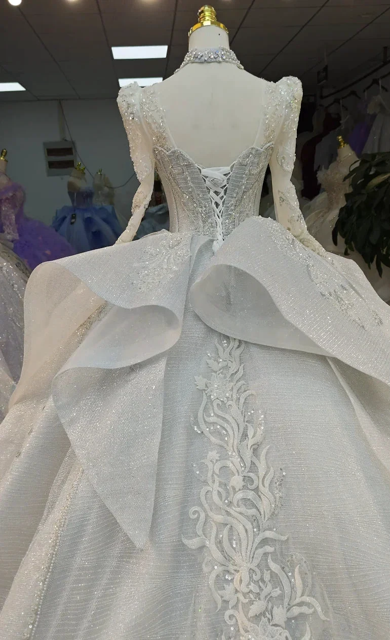 Gorgeous High-Neck Sequin Ball Gown Wedding Dress with Crystal Embroidery & Sheer Long Sleeves Ye-2021 (ZD16802)