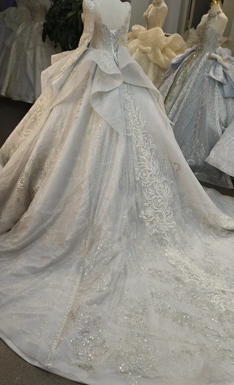 Gorgeous High-Neck Sequin Ball Gown Wedding Dress with Crystal Embroidery & Sheer Long Sleeves Ye-2021 (ZD16802)