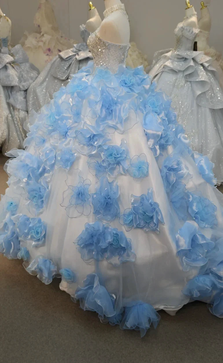 Enchanting Light Blue Strapless Ball Gown Wedding Dress with Crystal Beaded Bodice & 3D Organza Flowers Ye-2024 (ZD16805)