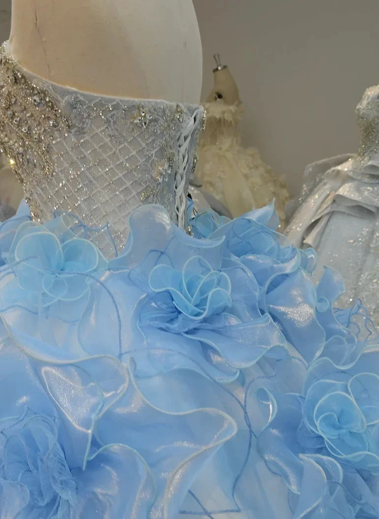Enchanting Light Blue Strapless Ball Gown Wedding Dress with Crystal Beaded Bodice & 3D Organza Flowers Ye-2024 (ZD16805)
