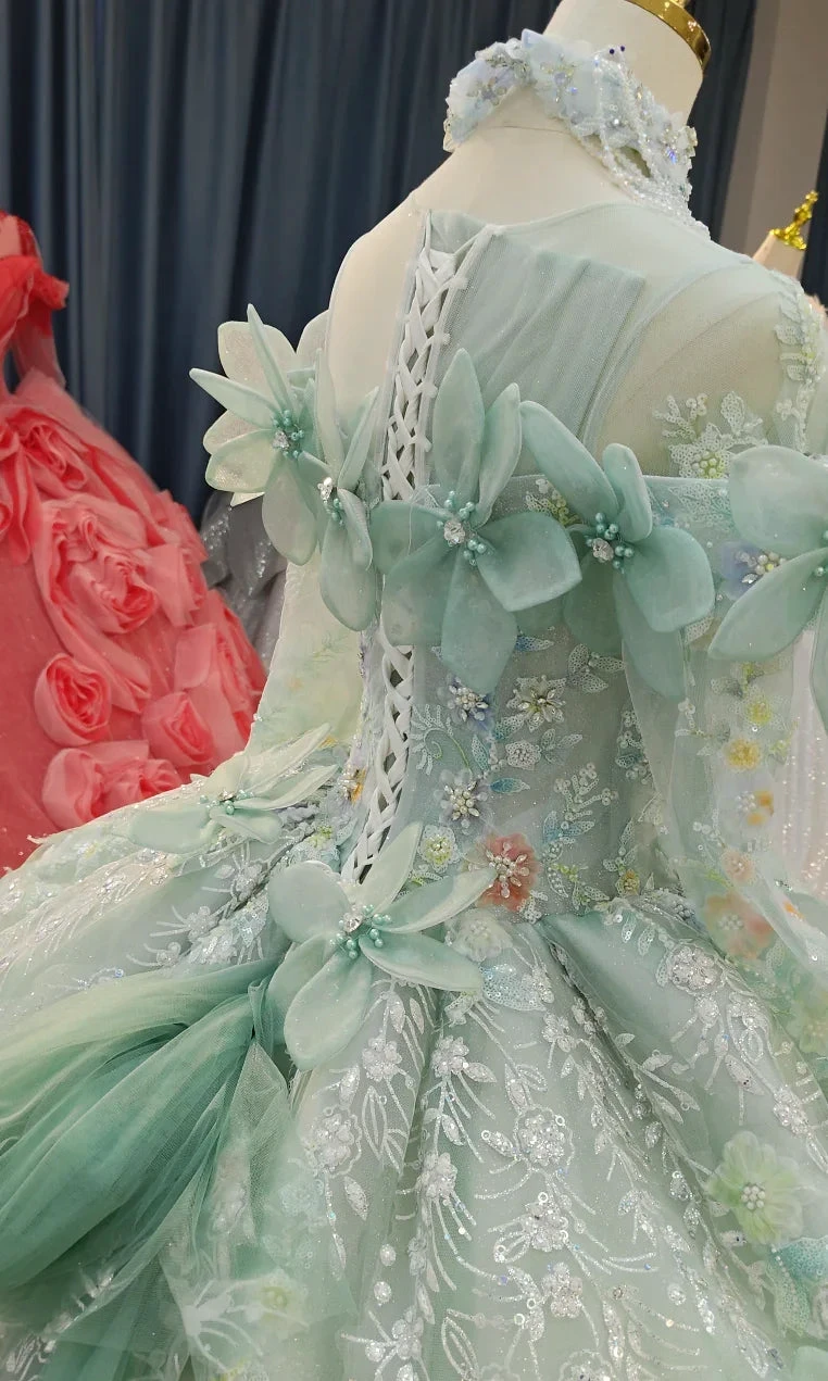Fairy-Tale Mint Green High-Neck Ball Gown Wedding Dress with 3D Organza Flowers & Crystal Embroidery Ye-2025 (ZD16806)