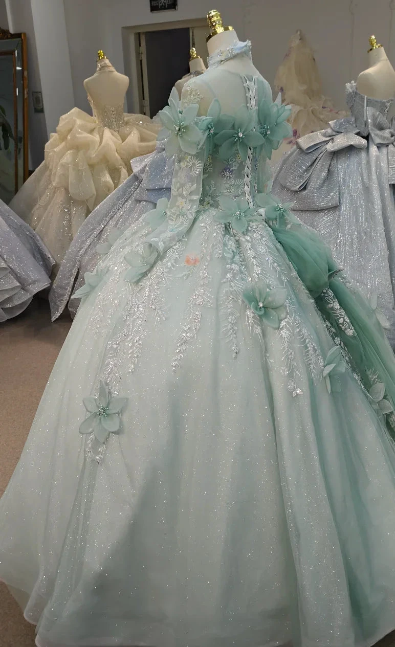 Fairy-Tale Mint Green High-Neck Ball Gown Wedding Dress with 3D Organza Flowers & Crystal Embroidery Ye-2025 (ZD16806)
