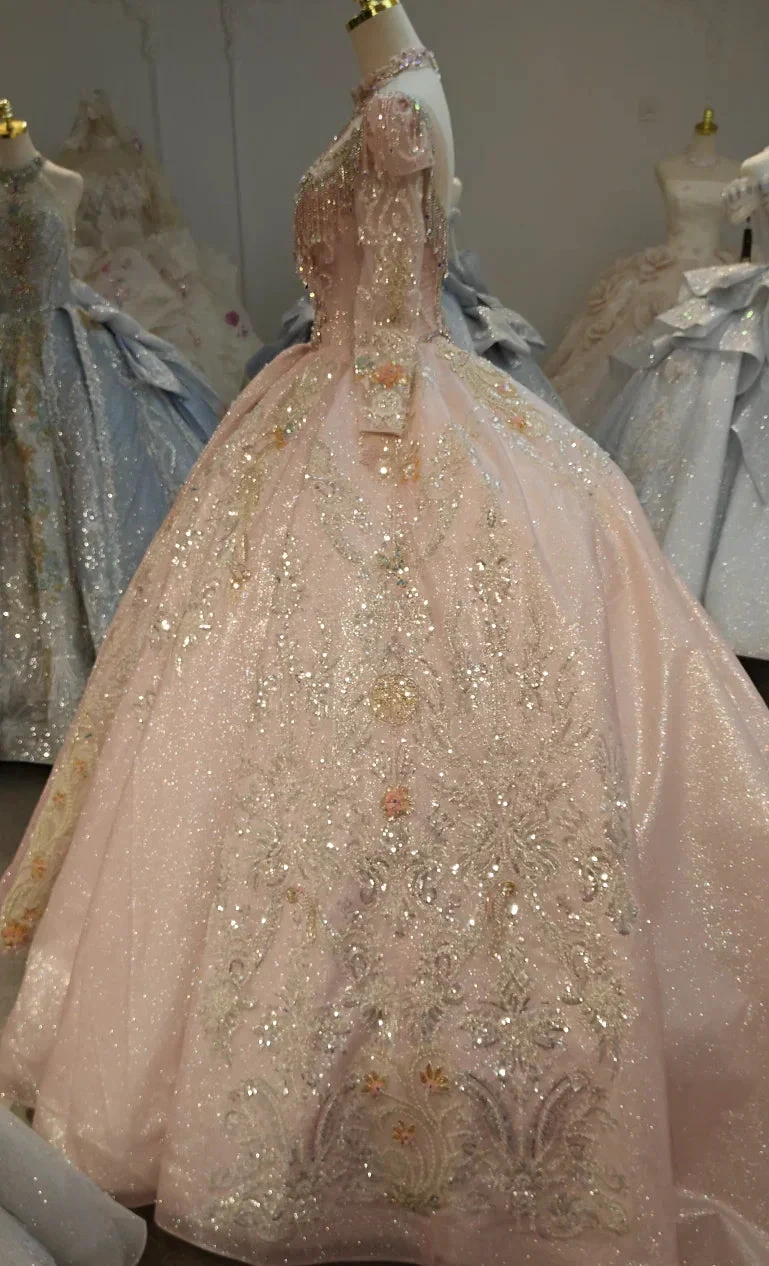 Lavish Blush Pink High-Neck Ball Gown Wedding Dress with Beaded Fringe & 3D Floral Embroidery Ye-2026 (ZD16807)