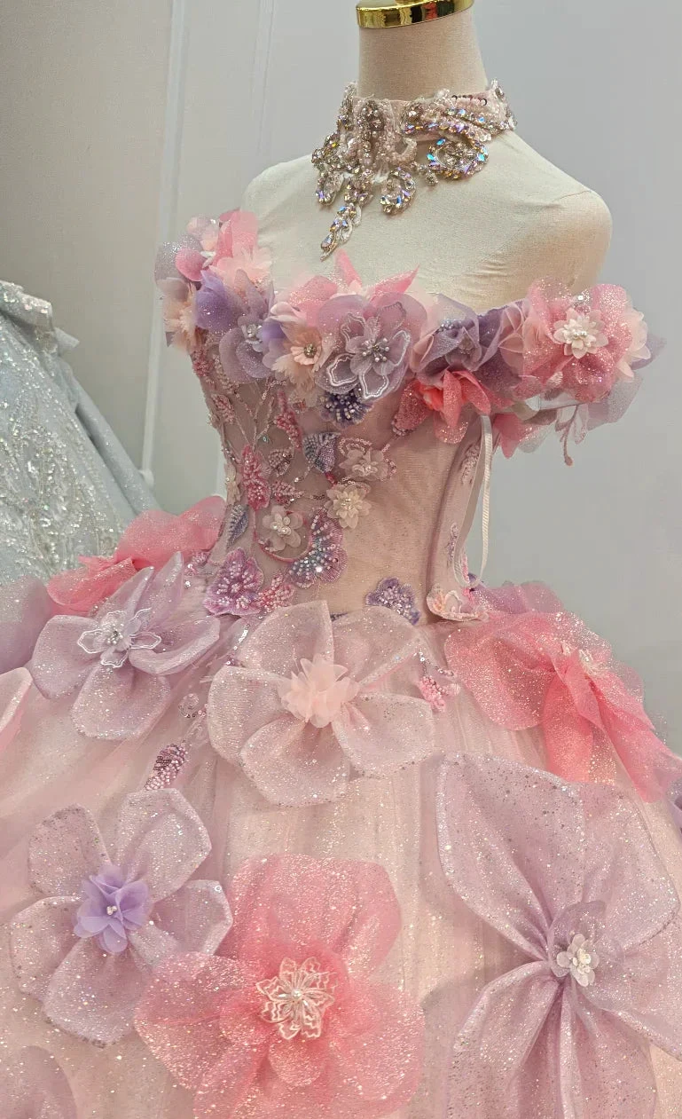 Enchanting Pastel Pink & Purple Off-the-Shoulder Ball Gown Wedding Dress with 3D Glitter Flowers & Crystal Collar Ye-2027 (ZD16808)