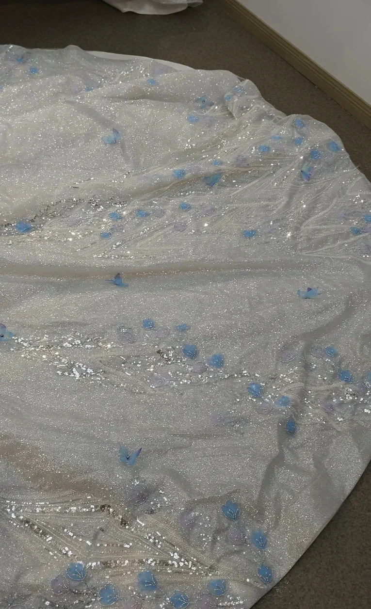Ethereal Off-the-Shoulder Ball Gown Wedding Dress with Sequin Tulle, 3D Pastel Florals & Feather Accents Ye-2028 (ZD16809)