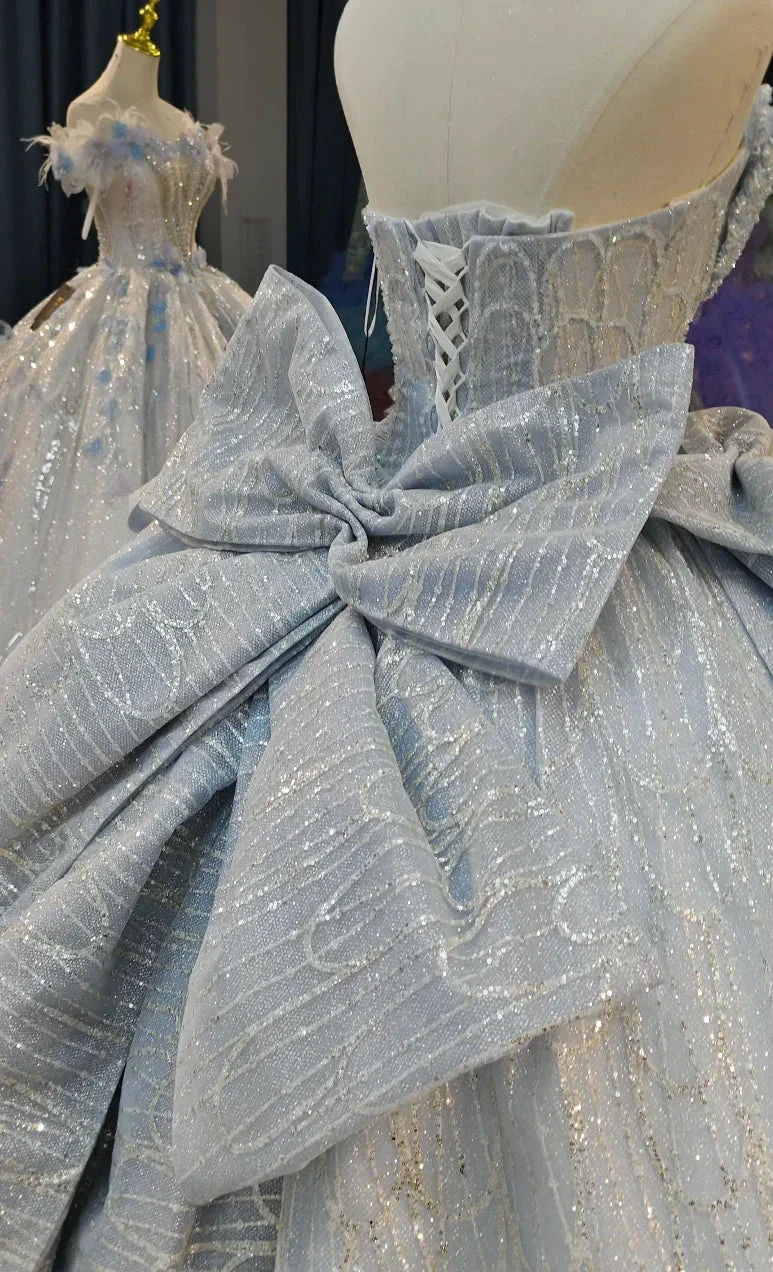 Dreamy Light Blue Sweetheart Ball Gown Wedding Dress with Sequin Tulle, Pearl Beading & Oversized Bow Ye-2029 (ZD16810)
