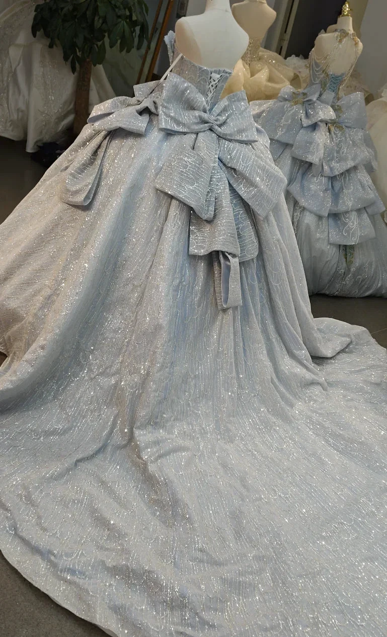 Dreamy Light Blue Sweetheart Ball Gown Wedding Dress with Sequin Tulle, Pearl Beading & Oversized Bow Ye-2029 (ZD16810)