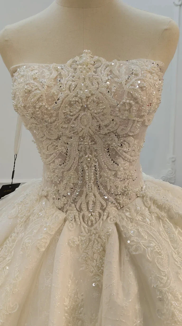 Opulent Strapless Ball Gown Wedding Dress with Pearl Beaded Lace, Sequin Tulle & Corset Lace-Up Back Ye-2030 by ZAPDRESS