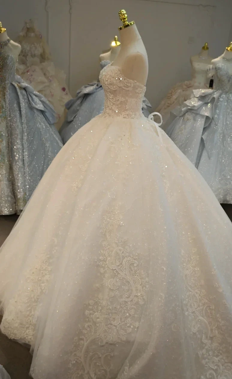 Opulent Strapless Ball Gown Wedding Dress with Pearl Beaded Lace, Sequin Tulle & Corset Lace-Up Back Ye-2030 (ZD16811)