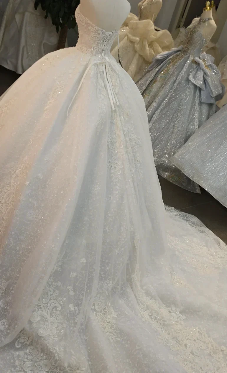 Opulent Strapless Ball Gown Wedding Dress with Pearl Beaded Lace, Sequin Tulle & Corset Lace-Up Back Ye-2030 (ZD16811)