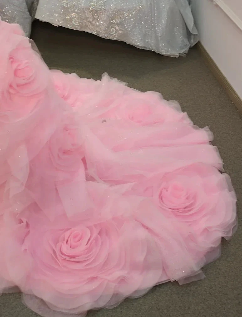 Romantic Blush Pink Strapless Mermaid Wedding Dress with Ruched Bodice & 3D Rose Tulle Skirt Ye-2033 (ZD16814)