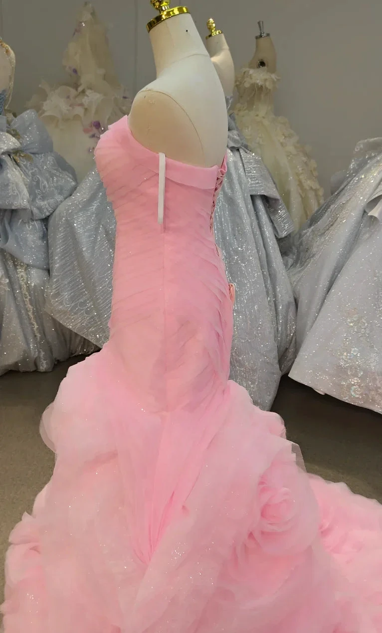Romantic Blush Pink Strapless Mermaid Wedding Dress with Ruched Bodice & 3D Rose Tulle Skirt Ye-2033 (ZD16814)