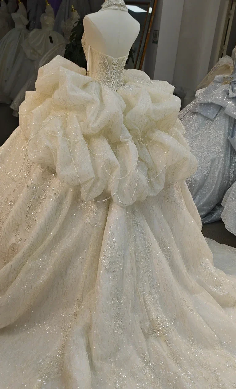 Lavish Halter-Neck Ball Gown Wedding Dress with Pearl Crystal Embroidery & Ruffled Tulle Skirt Ye-2034 (ZD16817)