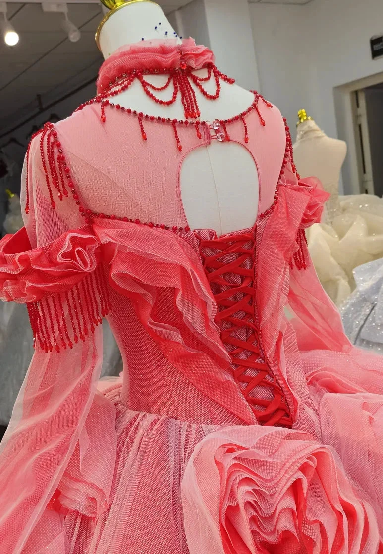 Vibrant Coral Red Off-the-Shoulder Ball Gown Wedding Dress with 3D Rose Appliqués & Beaded Tassels Ye-2036 (ZD16827)
