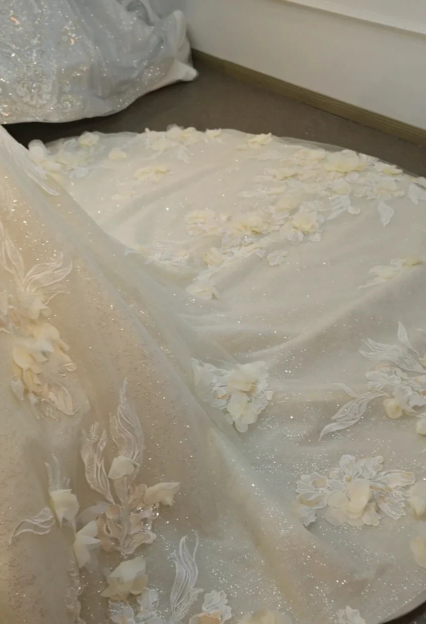 Ethereal Off-the-Shoulder Ball Gown Wedding Dress with 3D Floral Appliqués, Pearl Beading & Glitter Tulle Ye-2038 (ZD16830)
