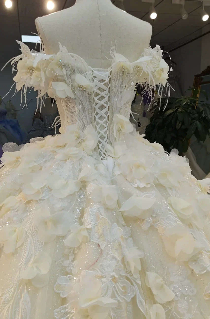 Ethereal Off-the-Shoulder Ball Gown Wedding Dress with 3D Floral Appliqués, Pearl Beading & Glitter Tulle Ye-2038 (ZD16830)
