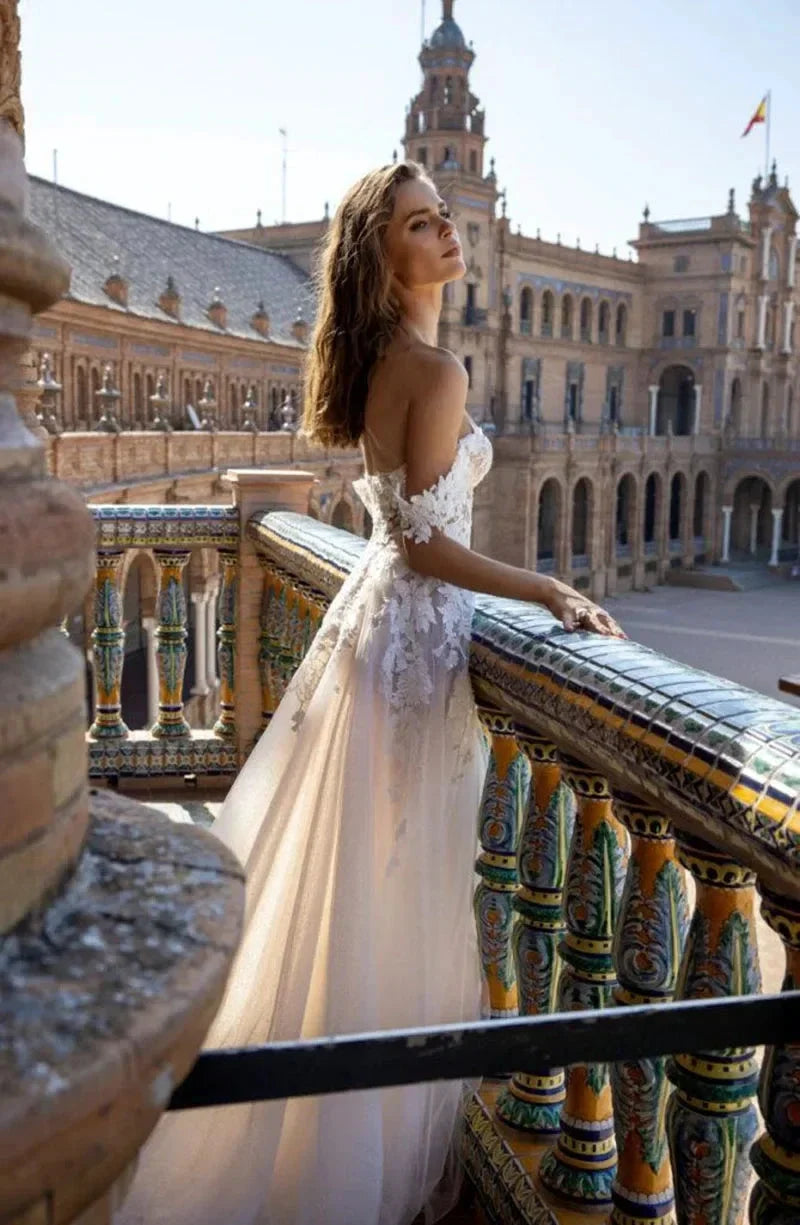Boho Tull Wedding Dresses Off the Shoulder Lace Appliques A Line Beach Bridal Gown Sexy High Split Wedding Gowns (ZD13565)