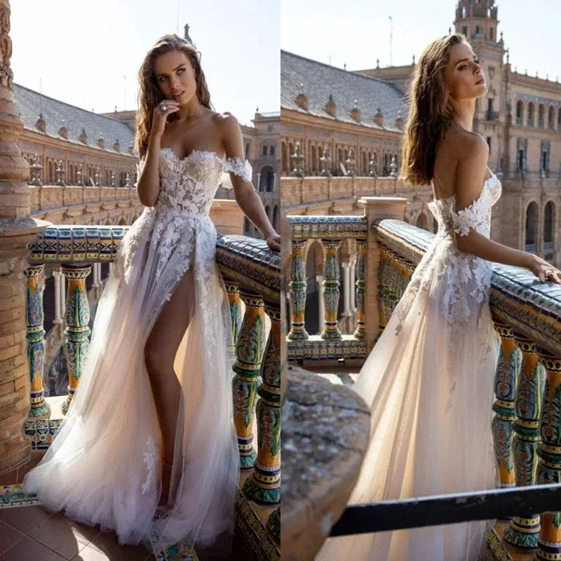 Boho Tull Wedding Dresses Off the Shoulder Lace Appliques A Line Beach Bridal Gown Sexy High Split Wedding Gowns (ZD13565)