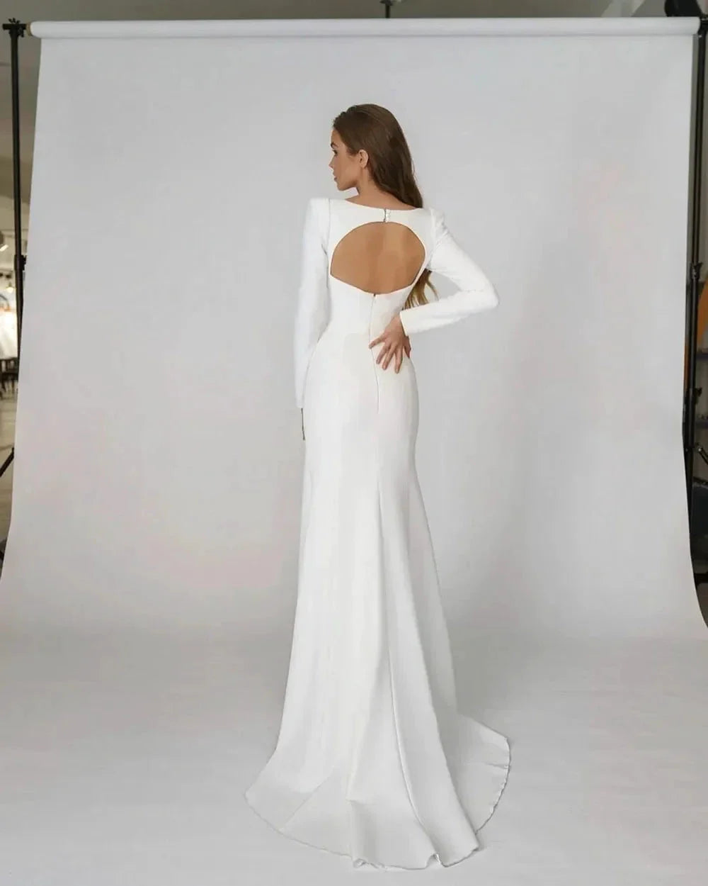 Elegant Satin Mermaid Wedding Dress Square Neck Long Sleeves Backless Party Bridal Dress Bride Dress Vestido De Noiva (ZD13511)