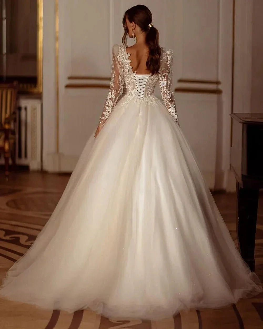 Glitter Champagne Wedding Dresses Long Sleeve Appliques Lace Modern Bridal Dress Tulle Bride Gown vestidos de novia (ZD13566)