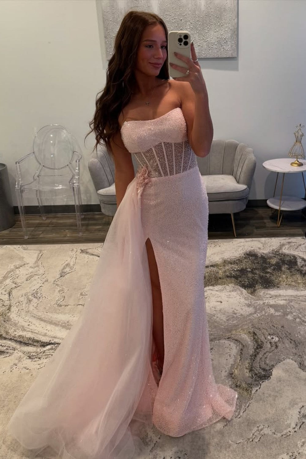 Sparkly Mermaid Strapless Pink Sequins Corset Prom Dress with Split Front