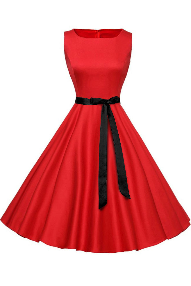 Solid Hepburn Sleeveless Lace-up Dress - Fashionpara