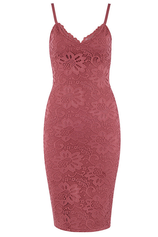 Solid V-neck Spaghetti Strap Lace Prom Dress - Fashionpara