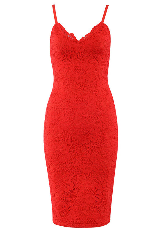 Solid V-neck Spaghetti Strap Lace Prom Dress - Fashionpara