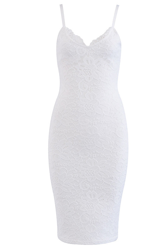 Solid V-neck Spaghetti Strap Lace Prom Dress - Fashionpara