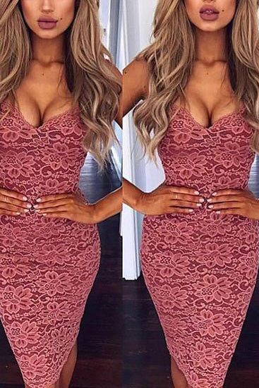 Solid V-neck Spaghetti Strap Lace Prom Dress - Fashionpara