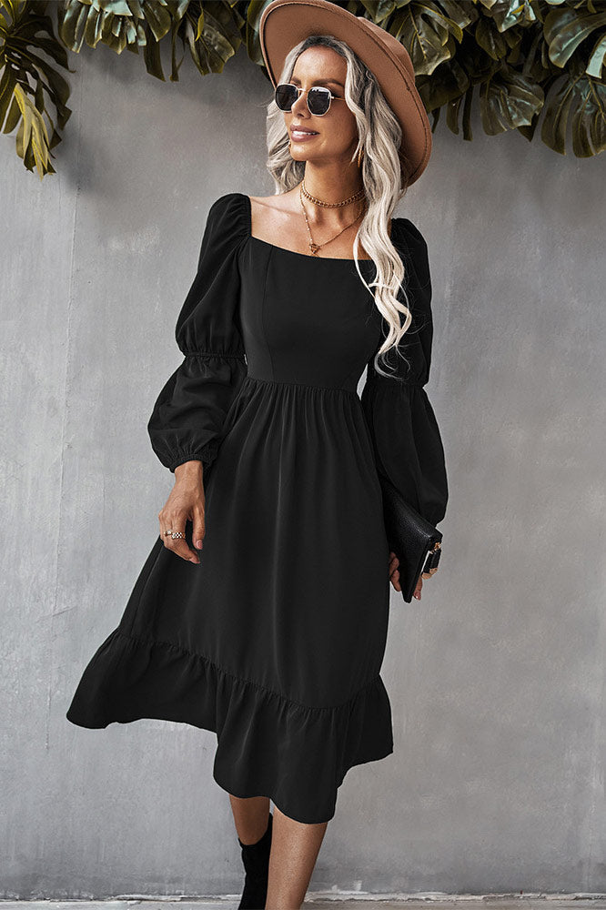 Solid Color A-line Casual Vacation Long Sleeve Dress - Fashionpara