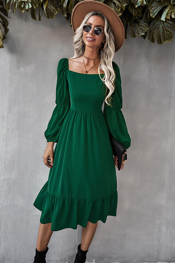 Solid Color A-line Casual Vacation Long Sleeve Dress - Fashionpara