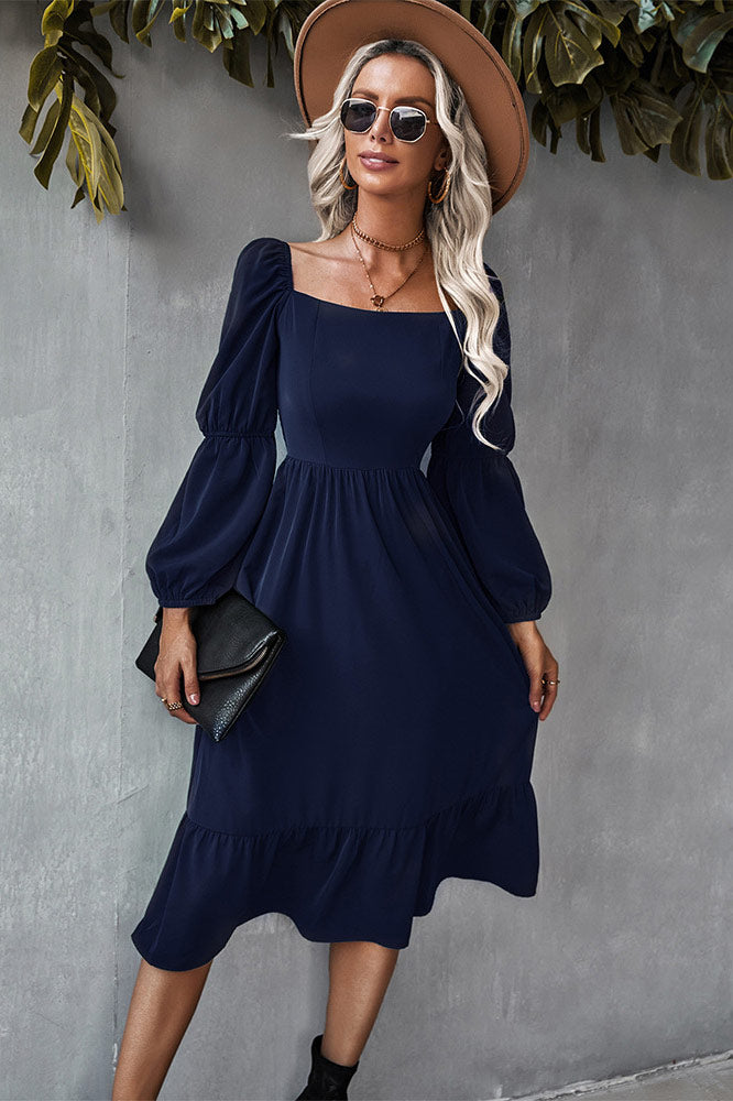 Solid Color A-line Casual Vacation Long Sleeve Dress - Fashionpara