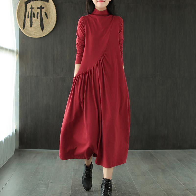 Plus Size Solid Draped High Neck Casual Dress