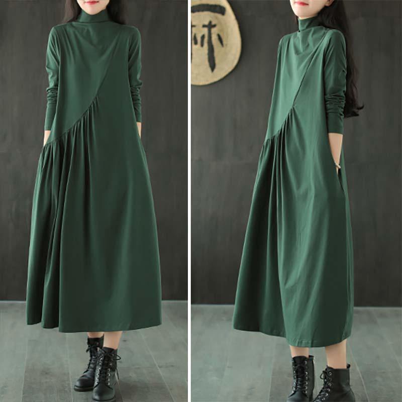 Plus Size Solid Draped High Neck Casual Dress