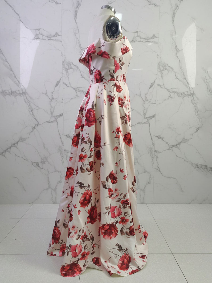 Sophisticated Cream Satin Off-the-Shoulder Floral Prom Gown